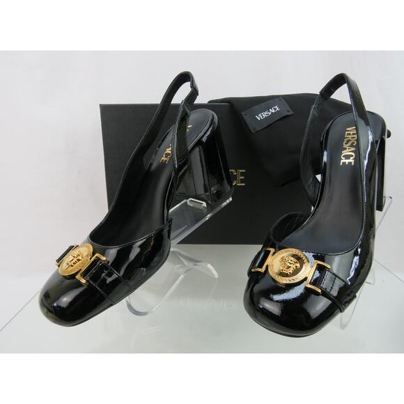 NIB VERSACE BLACK PATENT LEATHER GOLD MEDUSA LOGO SANDALS HEEL PUMPS 39 9 - Picture 3 of 12